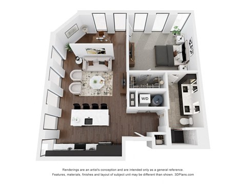 Floor plan for 1 bed, 1 bath, 1017 sqft